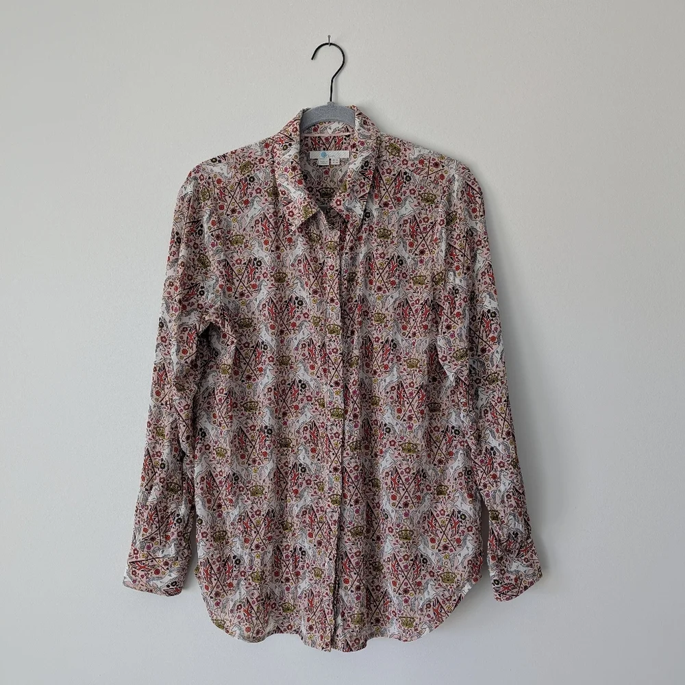 Boden Crown and Country 100% Silk Printed Union Jack Full Button Up Top - Picture 1 of 9